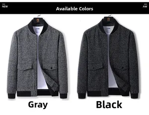 Détails de la veste en laine pour hommes en gris et noir avec col côtelé et poches plaquées