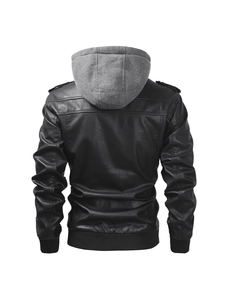 Veste en similicuir noir pour homme avec capuche grise amovible et poignets côtelés