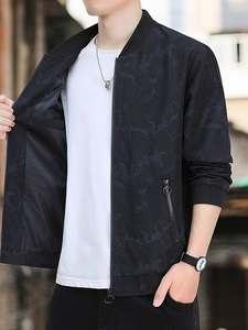 Men's casual baseball jacket with dark marble pattern and ribbed collar in black finish