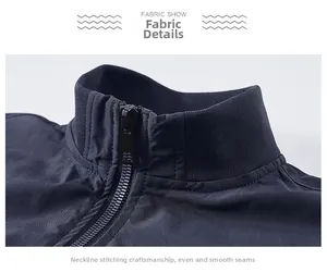 Detail of navy blue men's stand collar jacket showing smooth zipper and stitching quality