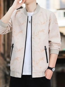 Men's casual bomber jacket with marble pattern and black zipper pockets in beige