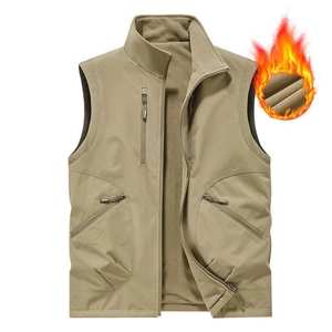 Men's khaki fleece-lined outdoor utility vest with multiple zipper pockets for fishing