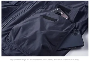 Detail of cargo jacket flap pocket with velcro closure and dual phone storage capacity