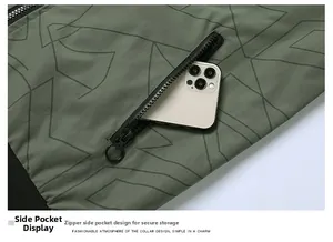 Detail of army green jacket featuring a zippered side pocket for secure phone storage
