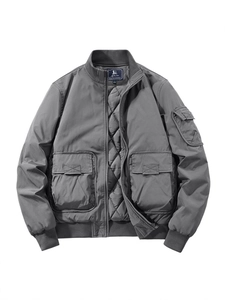 Men's dark gray bomber jacket with utility pockets and quilted lining in flat lay view