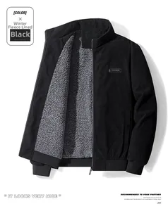 Detail view of winter black corduroy jacket with thick fleece lining and ribbed cuffs