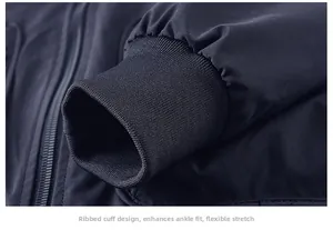 Detailed macro view of the ribbed cuffs and metal zipper on this casual men's jacket