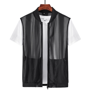 Men's breathable black mesh outdoor vest with zipper pockets and ribbed collar