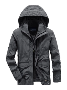 Men's dark grey windproof outdoor jacket with multi-pockets and adjustable hood