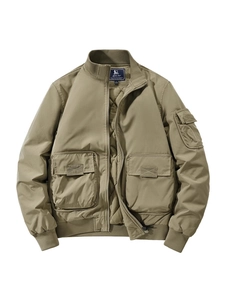 Men's olive flight jacket with quilted lining and utility pockets on white background
