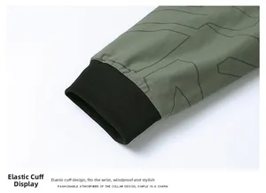 Detail of army green jacket sleeve with black elastic ribbed windproof cuffs