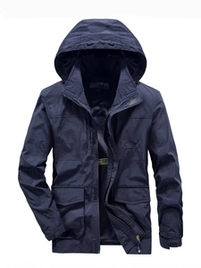 Men's navy blue hooded windbreaker jacket with multiple pockets and adjustable cuffs