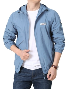 Men's ultra-thin light blue sun protection jacket with hood and outdoor chest print
