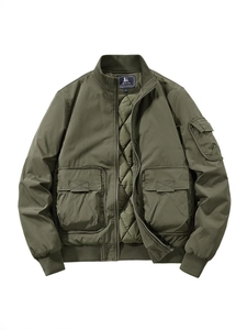 Men's olive green flight jacket with quilted lining and rib-knit cuffs in retro style