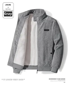 Detail of grey corduroy winter jacket with thick white fleece lining and stand collar