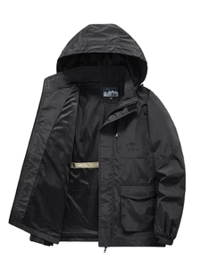 Men's loose black outdoor windbreaker jacket with hood and breathable mesh lining