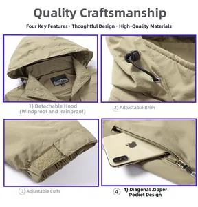 Detail of tan outdoor jacket featuring detachable hood and adjustable cuffs for wind protection