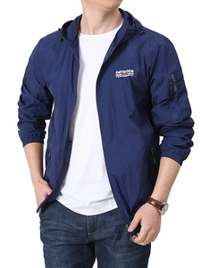 Men's navy blue sun protection jacket with hood, ultra-thin outdoor breathable windbreaker