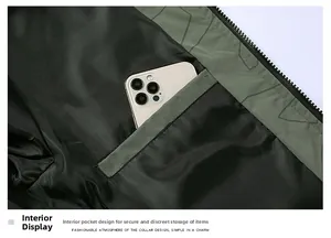 Detail view of the olive green jacket interior featuring a functional hidden inner pocket
