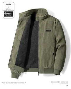 Detail of men's green corduroy jacket showing warm black fleece lining and ribbed cuffs