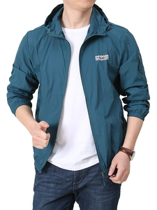 Men lightweight sun protection jacket in teal green with hood and outdoor printing