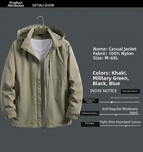Detail view of khaki waterproof nylon jacket with adjustable hood and zipper pockets