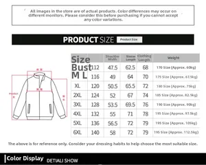 Detailed size chart for men's jackets with measurements for M to 6XL sizes
