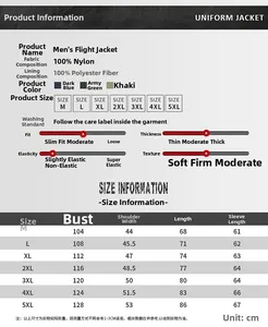 Detailed size chart for men cargo jacket including fabric specs and measurements