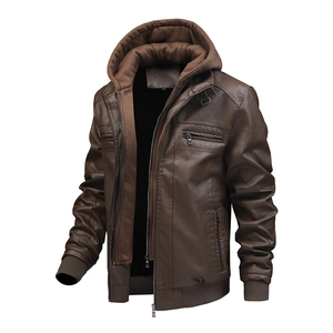 Détails de la veste en similicuir marron avec capuche amovible et fermetures éclair