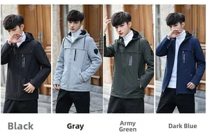Detailed grid showing casual hooded jackets in black, grey, army green, and dark blue options