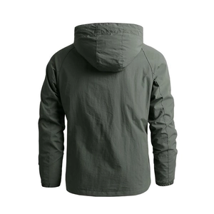 Men's dark green hooded outdoor windbreaker jacket with raglan sleeves and back view