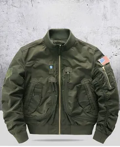 Detail of army green flight jacket showing military patches and utility arm pocket
