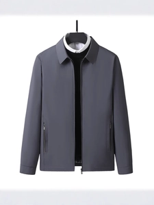Classic dark grey business casual lapel jacket for men with front zipper and side pockets