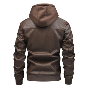 Vue arrière du blouson à capuche en similicuir marron avec poignets et ourlet côtelés
