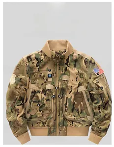 Detail view of American tactical bomber jacket with military patches and multi-pocket design
