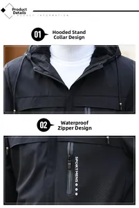 Detail of waterproof zipper and hooded stand collar on men's outdoor functional jacket