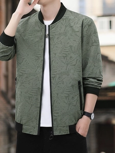 Veste de baseball pour homme en vert foncé avec imprimés palmiers et bords-côtes noirs