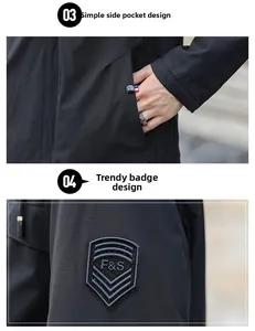Detail of men's black hooded jacket featuring side pocket and sleeve shield badge