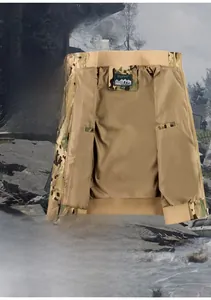 Macro shot of breathable desert camo fabric on a tactical pilot bomber jacket