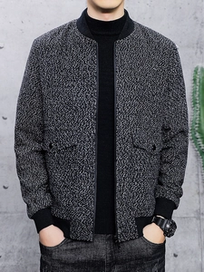 Veste Bomber Homme Décontractée Col Montant Mélange de Laine Poignets Nervurés Fermeture Éclair Chaude Manteau de Mode Hiver