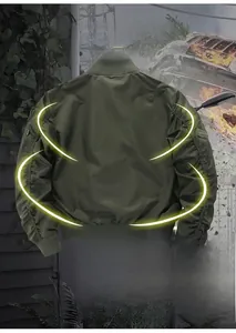 Rear view of a military green tactical bomber jacket with ribbed cuffs and stand collar