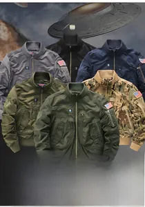 Detailed view of flight jacket colors with sleeve utility pocket and flag patch detail