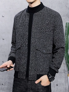 Blouson aviateur en laine pour hommes avec tissu gris texturé et bordures en tricot noir