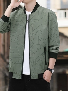 Men's army green slim fit bomber jacket with geometric print and black ribbed collar