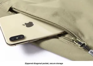 Macro shot of zippered slanted pocket on outdoor jacket with durable fabric texture