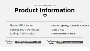 Detailed size chart and material specs for the polyester tactical flight jacket