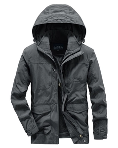 Giacca cargo outdoor da uomo grigio scuro con cappuccio e tasche multiple funzionali