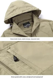 Detail view of khaki jacket showing detachable hood and waterproof zipper chest pocket