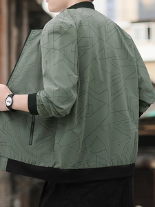 Men's slim fit bomber jacket with geometric print and ribbed stand collar in bean green