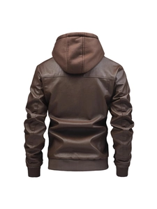 Vue arrière du blouson à capuche en cuir PU marron foncé avec poignets côtelés